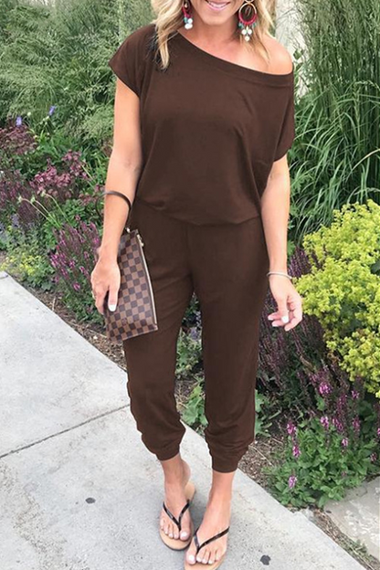 Casual Solid Patchwork Basic Oblique Collar Jumpsuits(8 Colors)