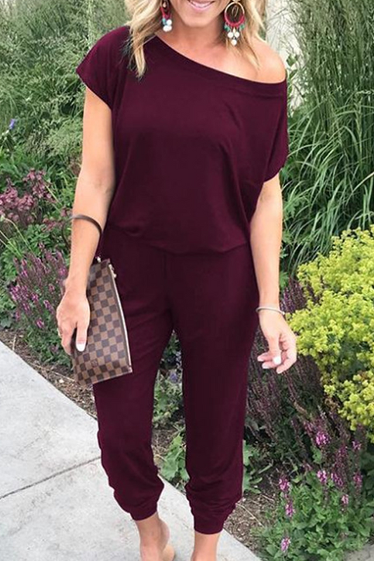 Casual Solid Patchwork Basic Oblique Collar Jumpsuits(8 Colors)