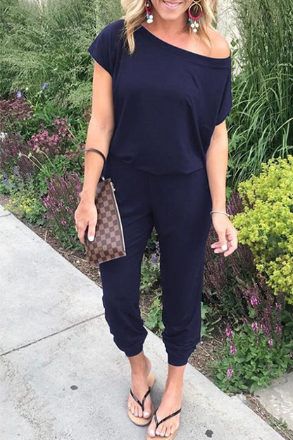 Casual Solid Patchwork Basic Oblique Collar Jumpsuits(8 Colors)