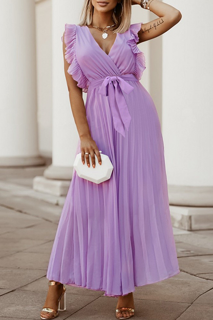 Elegant Solid Flounce Strap Design V Neck Pleated Dresses(6 Colors)