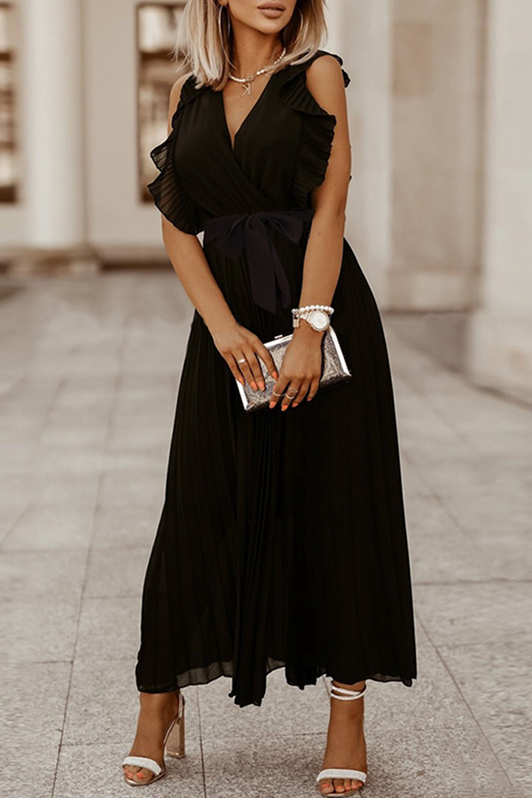 Elegant Solid Flounce Strap Design V Neck Pleated Dresses(6 Colors)