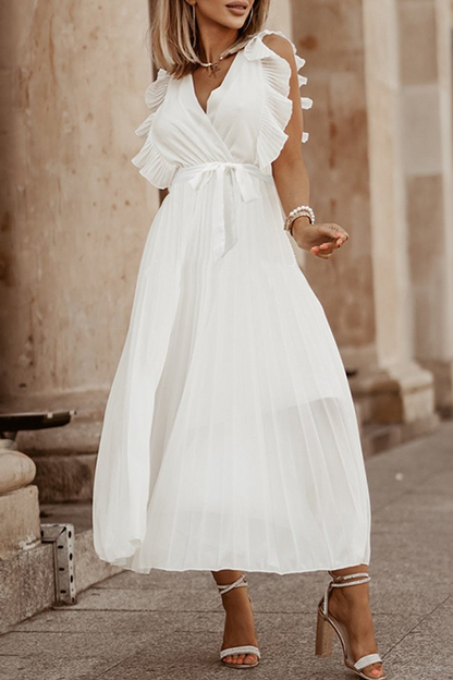 Elegant Solid Flounce Strap Design V Neck Pleated Dresses(6 Colors)