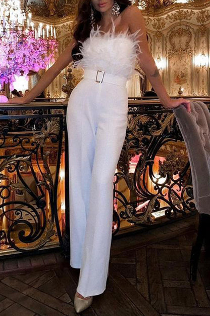 Sexy Solid Patchwork Feathers With Belt Strapless Straight Jumpsuits(Contain The Belt)(5 Colors)
