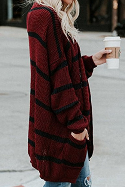 Fashion Striped Patchwork Cardigan Collar Outerwear