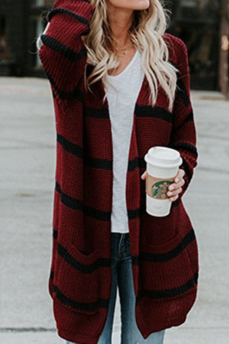 Fashion Striped Patchwork Cardigan Collar Outerwear