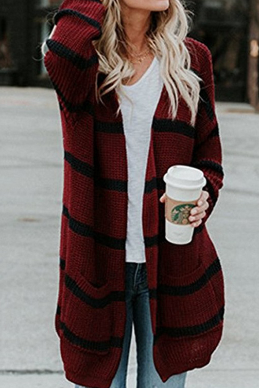 Fashion Striped Patchwork Cardigan Collar Outerwear