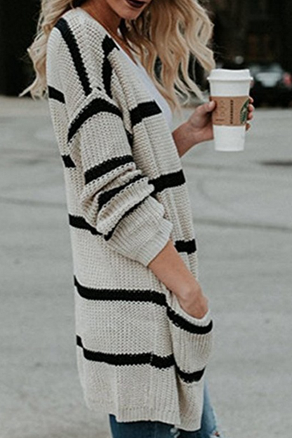 Fashion Striped Patchwork Cardigan Collar Outerwear