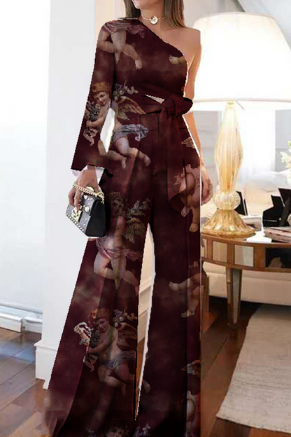 Fashion Print Patchwork One Shoulder Three Quarter Two Pieces