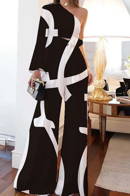 Fashion Print Patchwork One Shoulder Three Quarter Two Pieces