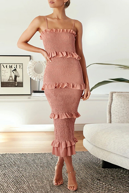 Fashion Solid Patchwork Flounce Spaghetti Strap Straight Dresses