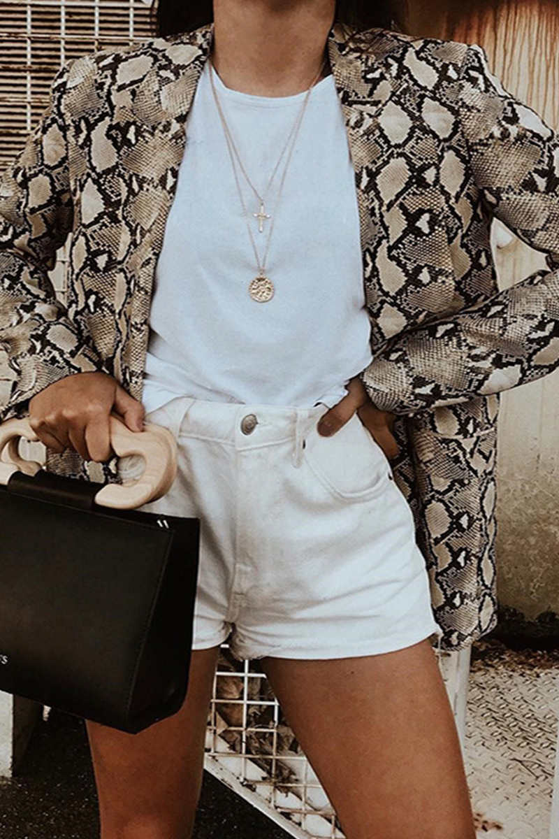 Fashion Print Split Joint Turndown Collar Outerwear