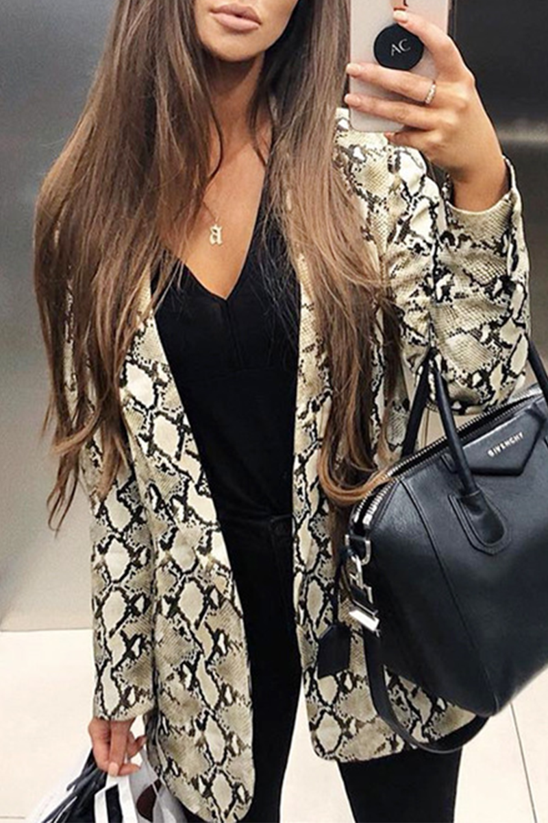Fashion Print Split Joint Turndown Collar Outerwear