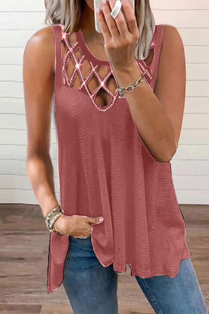 Casual Solid Hollowed Out O Neck Tops