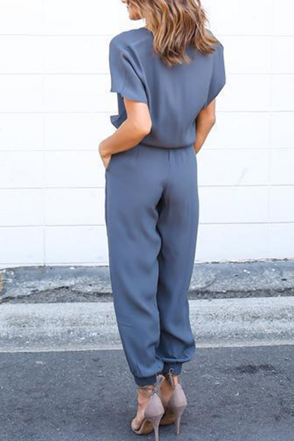 Casual Solid Patchwork V Neck Straight Jumpsuits(3 Colors)