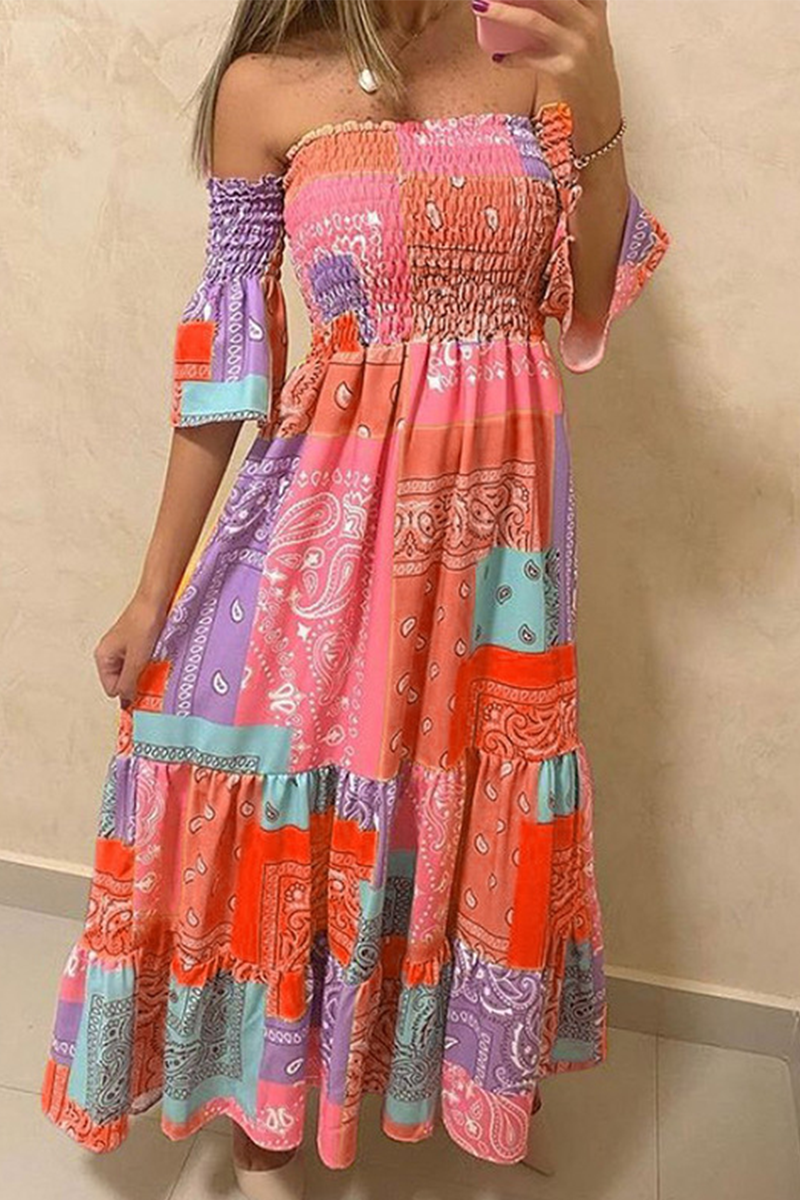 Fashion Print Split Joint Off the Shoulder Waist Skirt Dresses