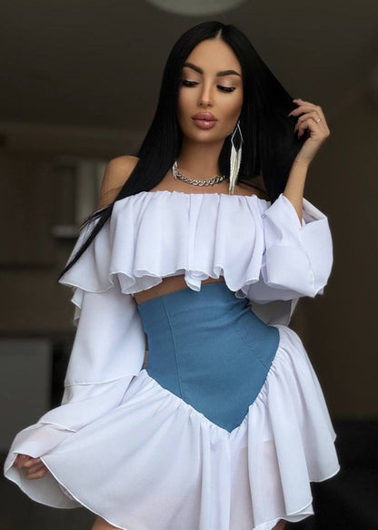 Celestina – Off-Shoulder Ruffle Sleeve Two-Tone Mini Dress