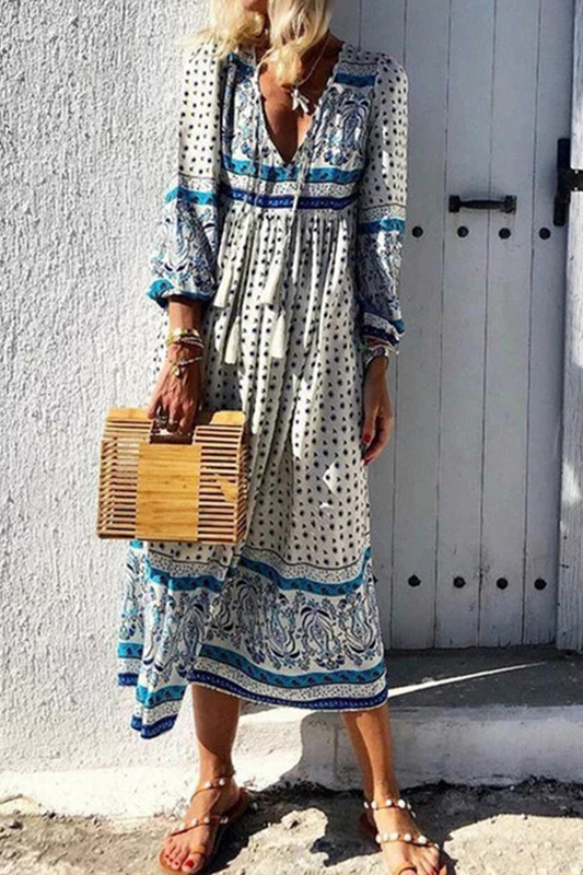 Fashion Print V Neck Cake Skirt Dresses(3 Colors)