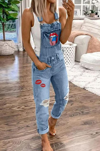 Casual Lips Printed Square Collar Harlan Jumpsuits