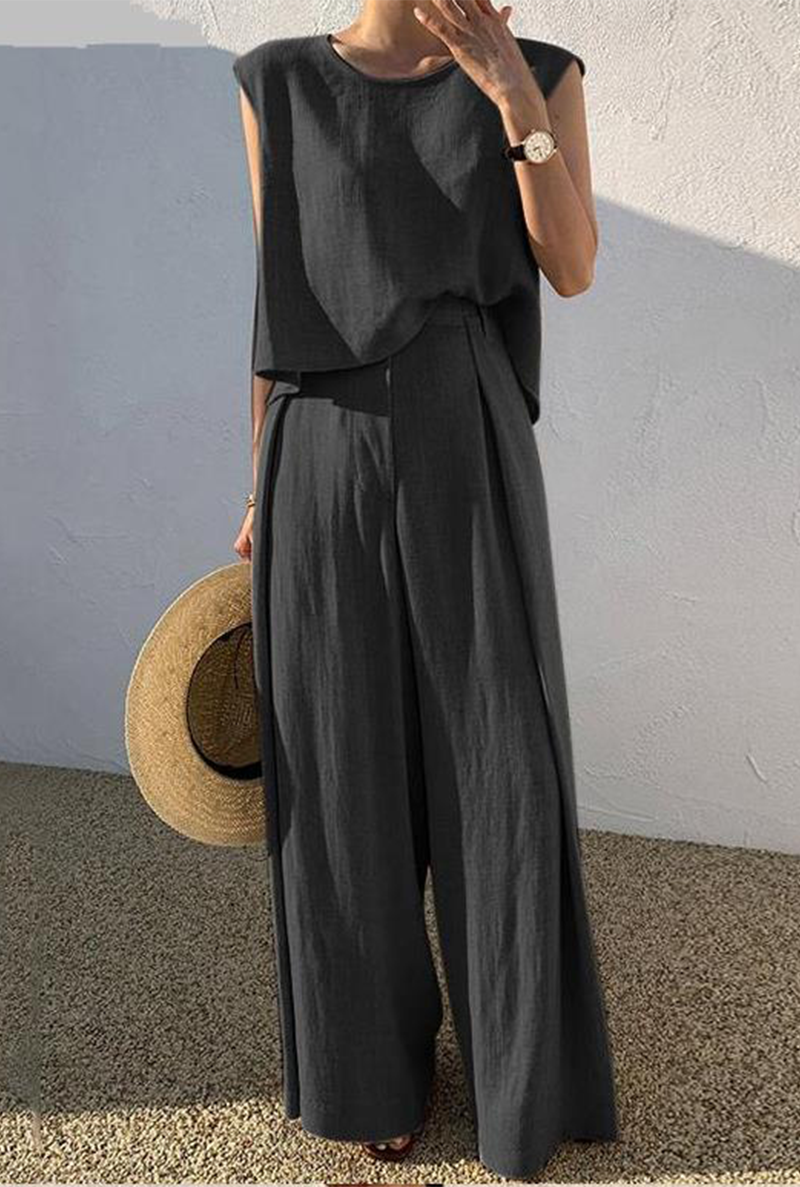 Casual Solid Split Joint O Neck Sleeveless Two Pieces(3 Colors)