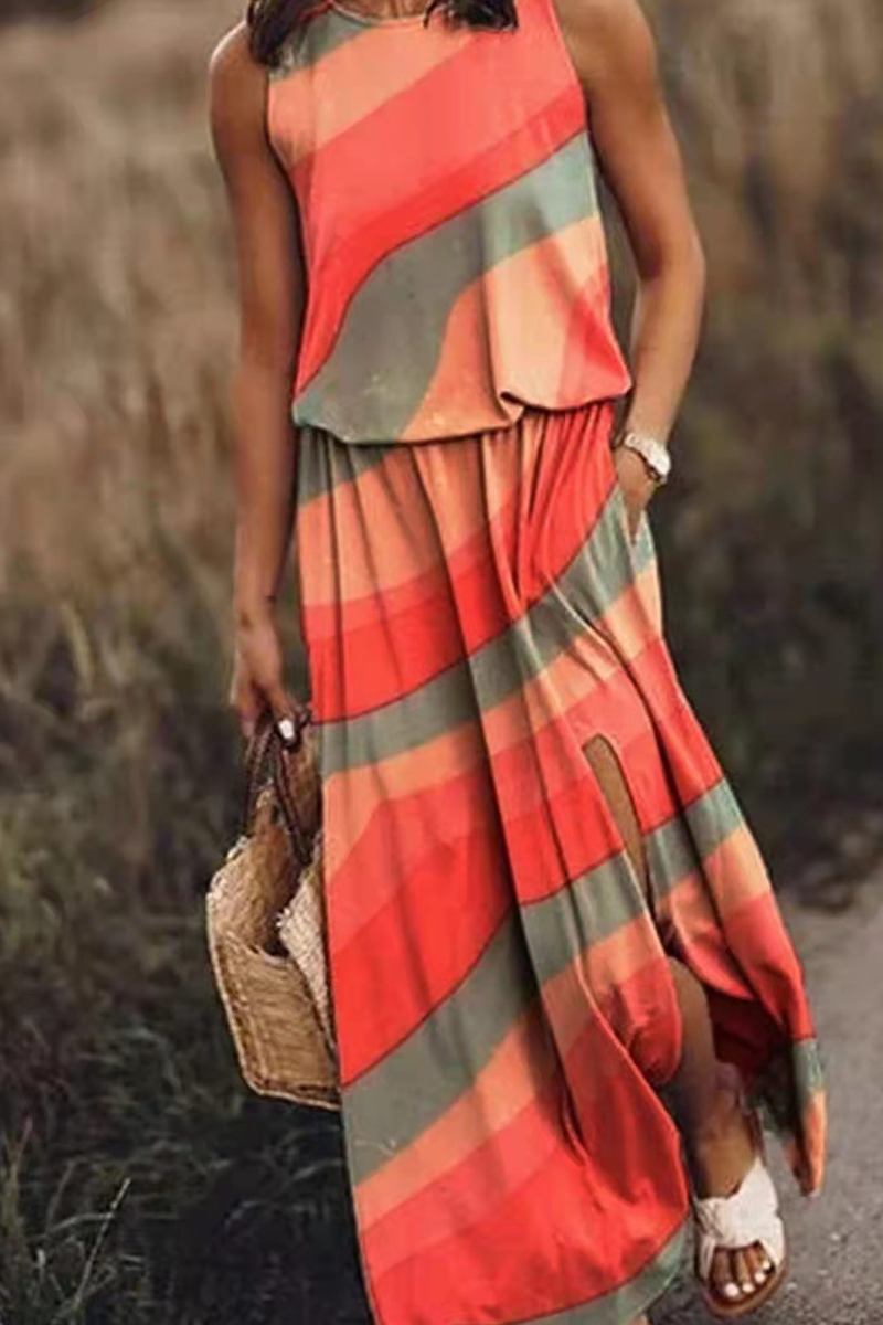 Fashion Print Split Joint O Neck Straight Dresses(3 colors)