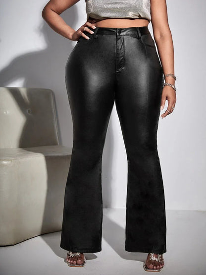 Plus Size High Waist Leather Look Flare Pants Black