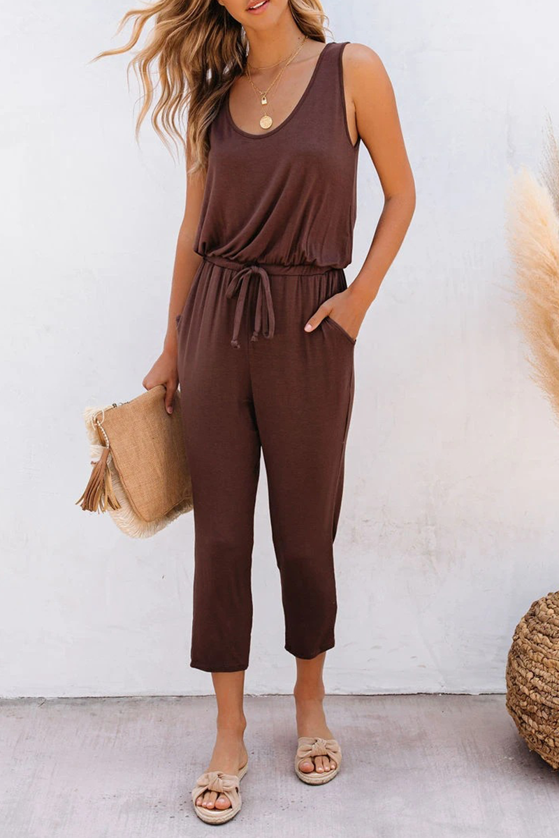 Casual Solid Patchwork U Neck Regular Jumpsuits