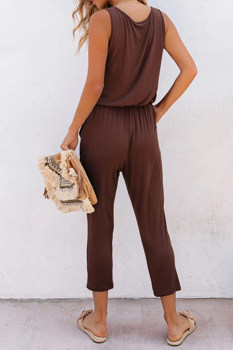 Casual Solid Patchwork U Neck Regular Jumpsuits