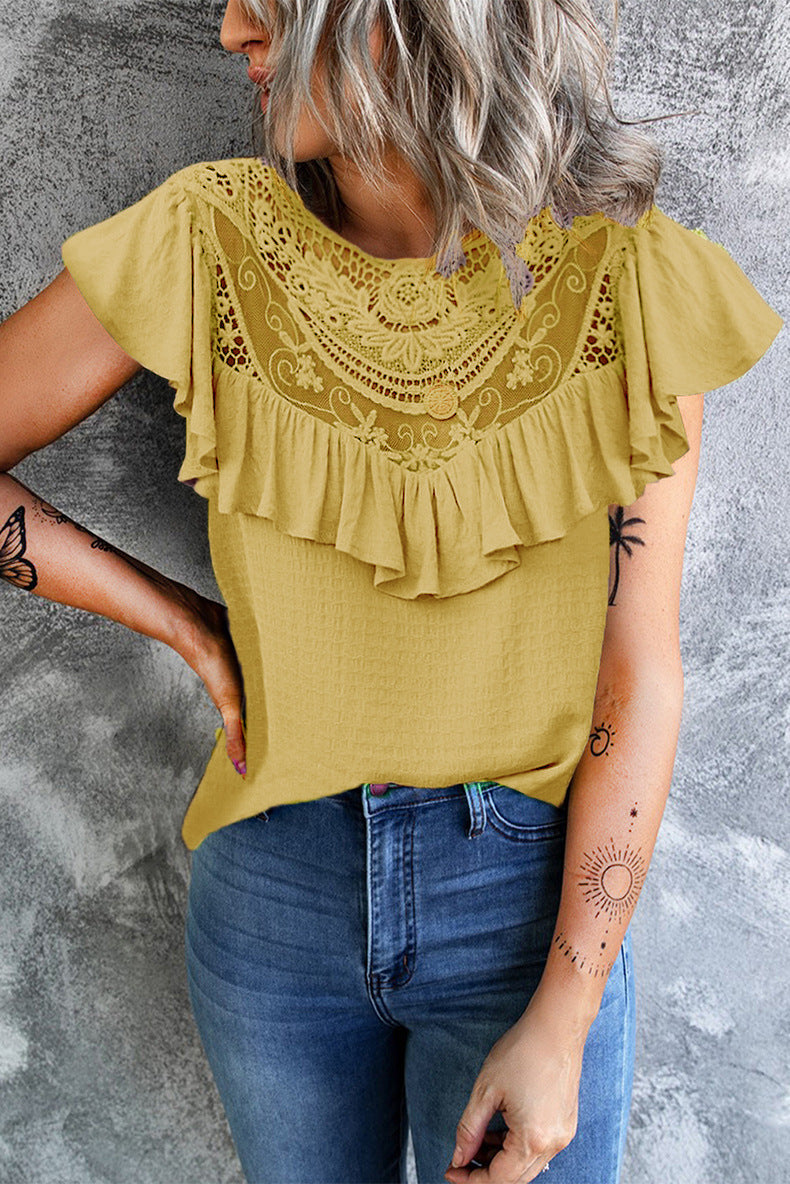 Casual Solid Flounce O Neck T-Shirts(8 Colors)