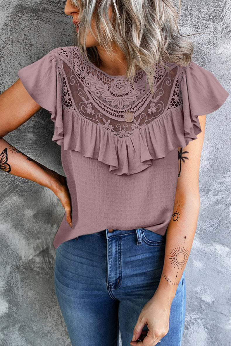 Casual Solid Flounce O Neck T-Shirts(8 Colors)