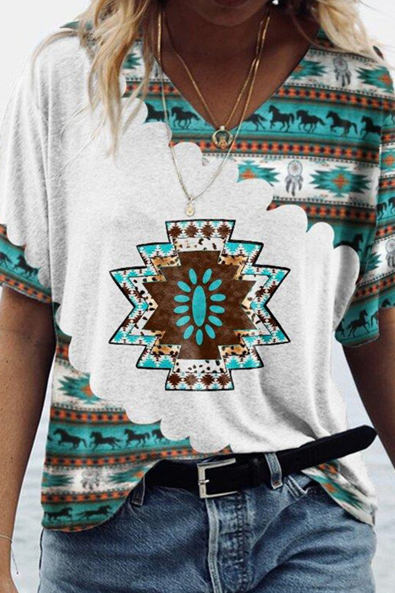 Casual Print Patchwork V Neck T-Shirts(5 Colors)