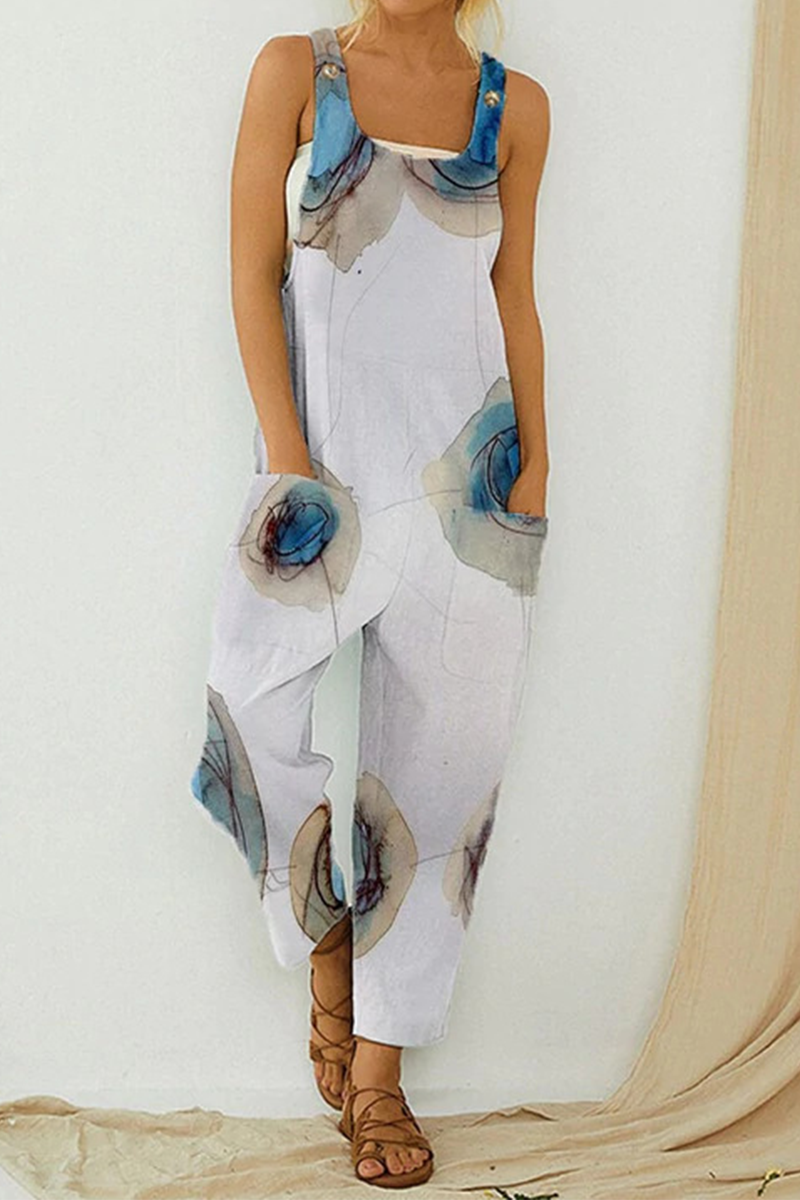 Casual Print Patchwork Square Collar Straight Jumpsuits(6 Colors)
