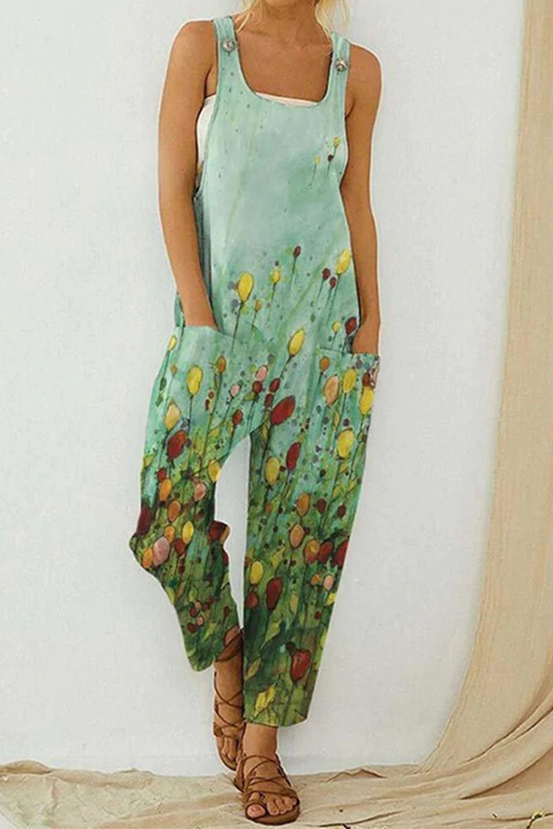 Casual Print Patchwork Square Collar Straight Jumpsuits(6 Colors)