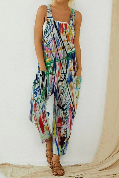 Casual Print Patchwork Square Collar Straight Jumpsuits(6 Colors)