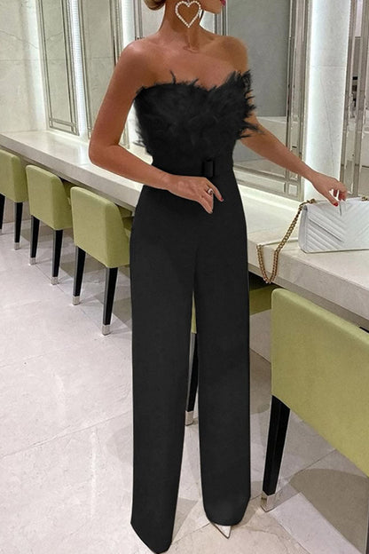 Sexy Solid Patchwork Feathers With Belt Strapless Straight Jumpsuits(Contain The Belt)(5 Colors)