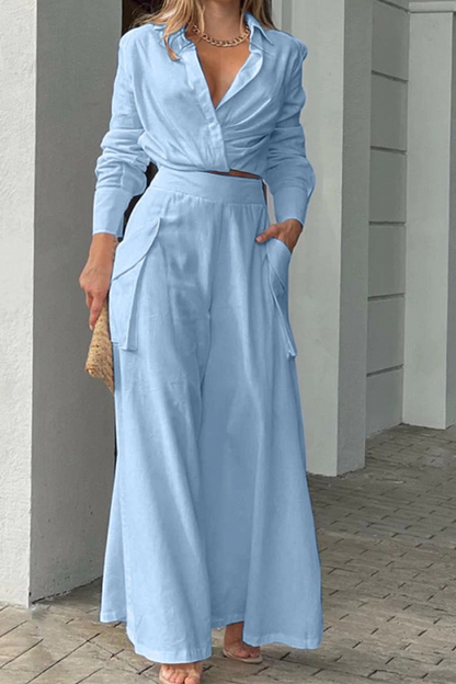 Fashion Solid Patchwork Turndown Collar Long Sleeve Two Pieces(3 Colors)