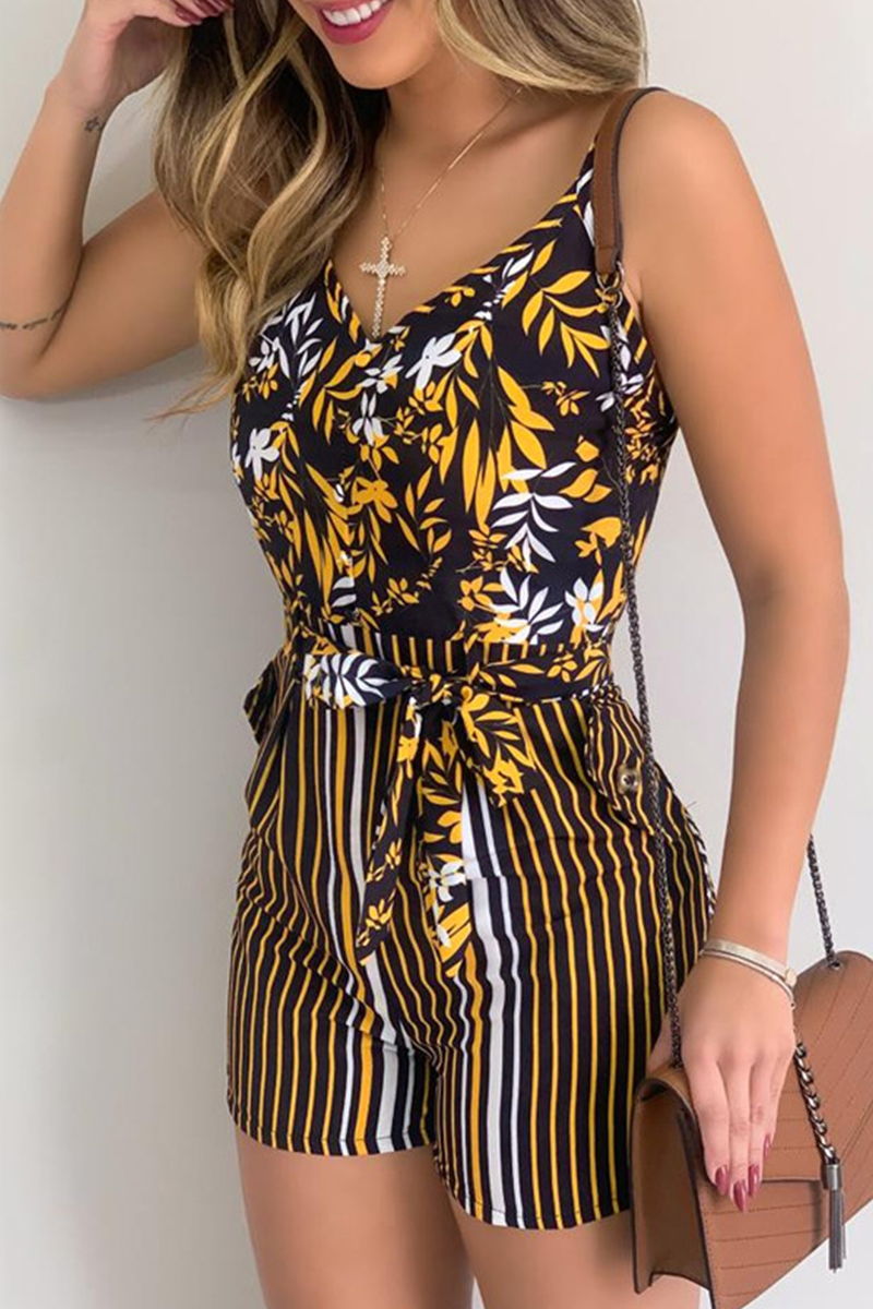 Casual Print Patchwork Spaghetti Strap Straight Rompers