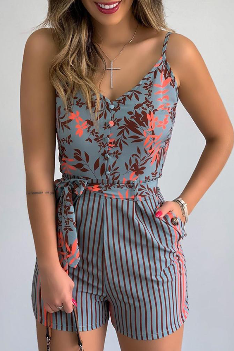 Casual Print Patchwork Spaghetti Strap Straight Rompers