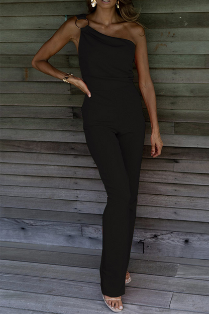 Casual Solid Patchwork One Shoulder Regular Jumpsuits(5 Colors)