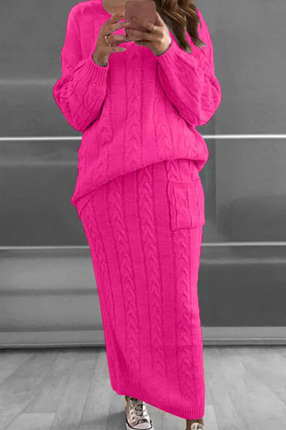 Fashion Solid Patchwork O Neck Long Sleeve Two Pieces(12 Colors)