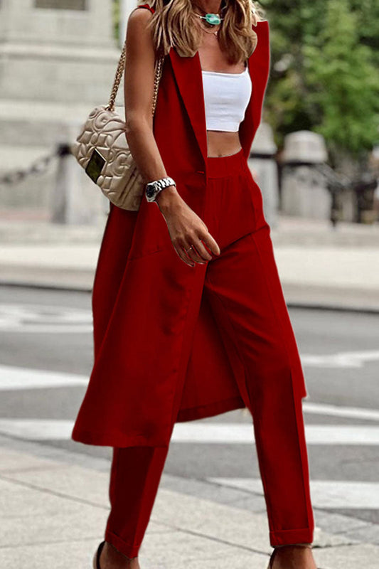 Casual Solid Patchwork Buckle Turn-back Collar Sleeveless Two Pieces