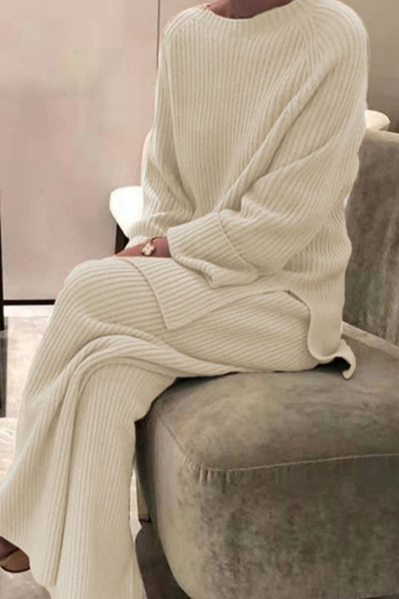 Casual Solid Solid Color O Neck Long Sleeve Two Pieces(5 Colors)
