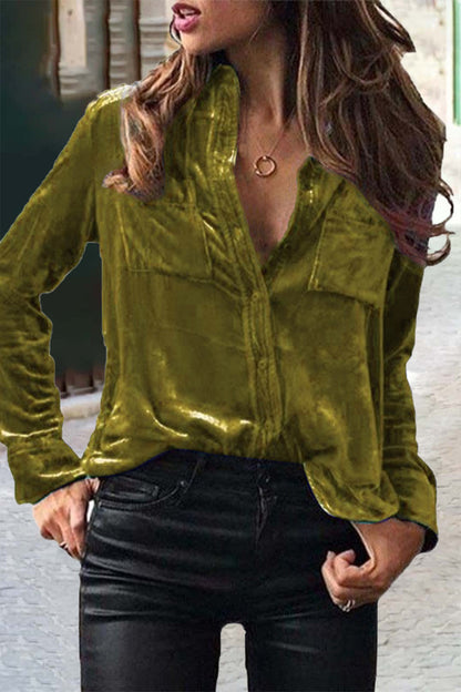 Elegant Buckle Solid Color Shirt Collar Blouses (11 Colors)