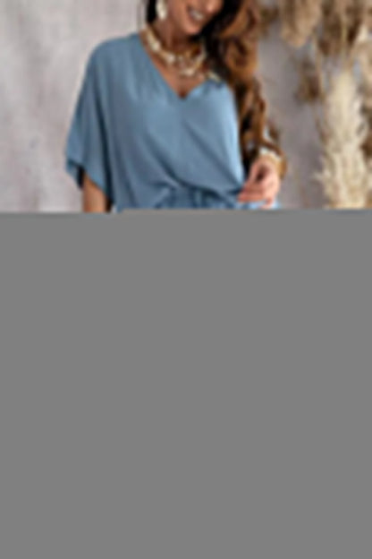Casual Print Patchwork V Neck Half Sleeve Two Pieces(9 Colors)