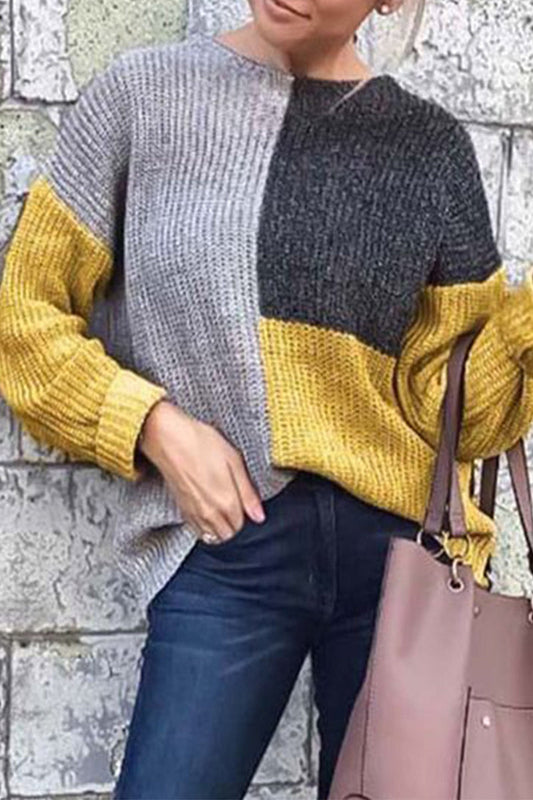 Elegant Geometric Color Block Patchwork O Neck Sweaters