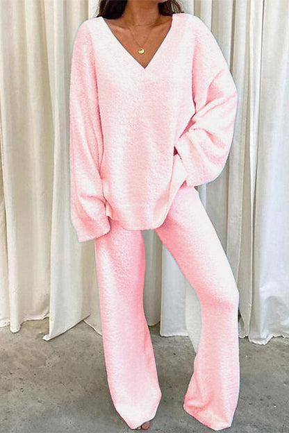 Casual Loose Solid Color V Neck Two Pieces(5 Colors)
