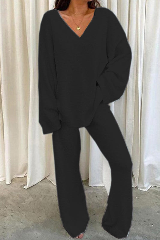 Casual Loose Solid Color V Neck Two Pieces(5 Colors)