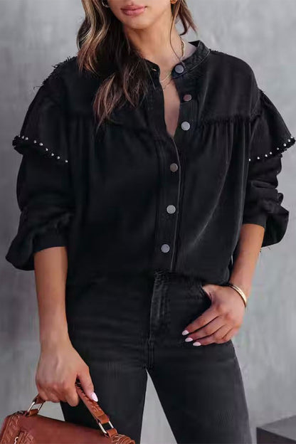 Street Solid Rivets Mandarin Collar Outerwear