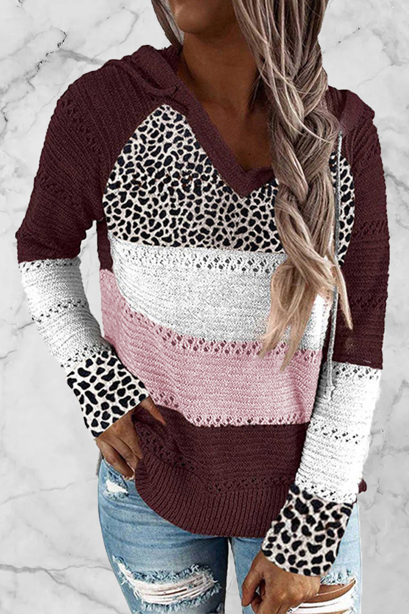Wisherryy Fashion Hooded Leopard Stitched Knit Sweater(8 Colors)
