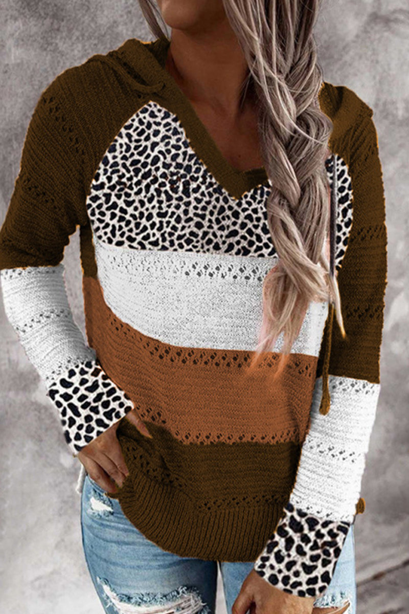 Wisherryy Fashion Hooded Leopard Stitched Knit Sweater(8 Colors)