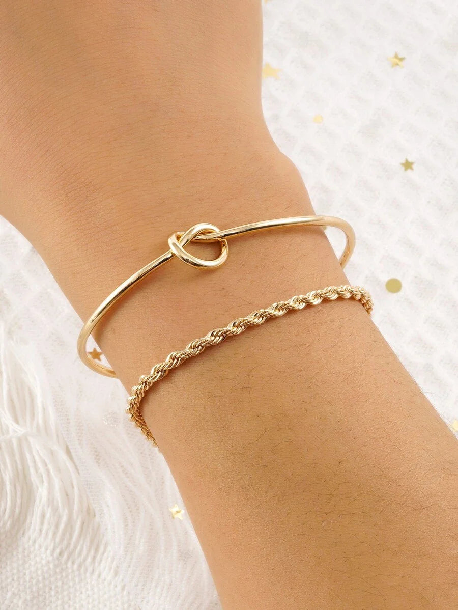 Knot Detail Twist Bracelet Set Silver Tone Daily Wear